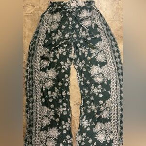 sage green floral designed boho pants